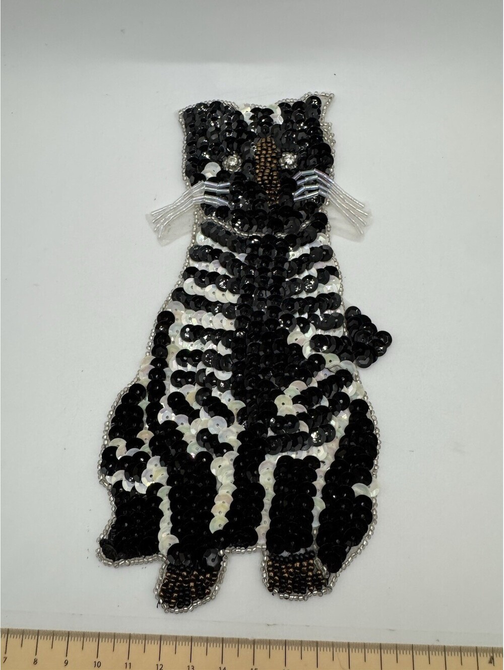 Sequined & Beaded Black And White Cat Sew On Patch NOS